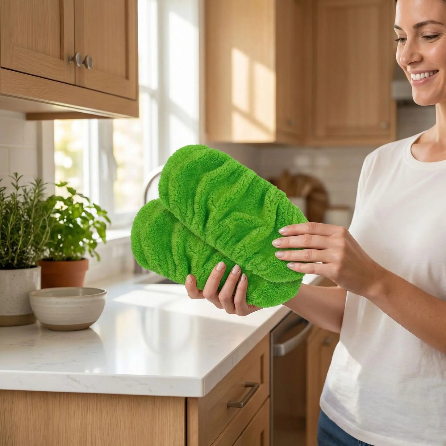 serpilleres microfibres verte tenu par une femme contente